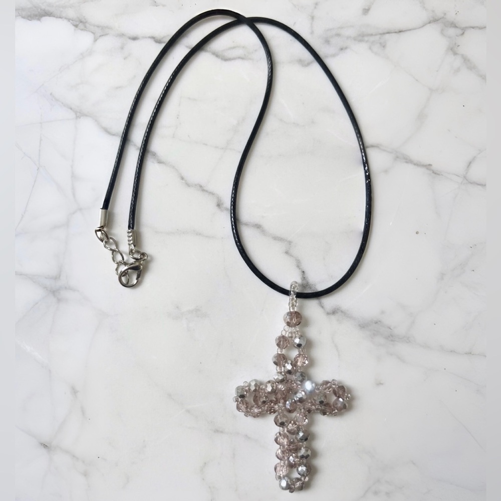 Silver Crystal Beaded Cross Pendant Necklace (Handmade)